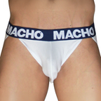 Jockstrap blanc MACHO MX29DK vu de face en gros plan, ceinture bleu marine avec logo MACHO blanc
