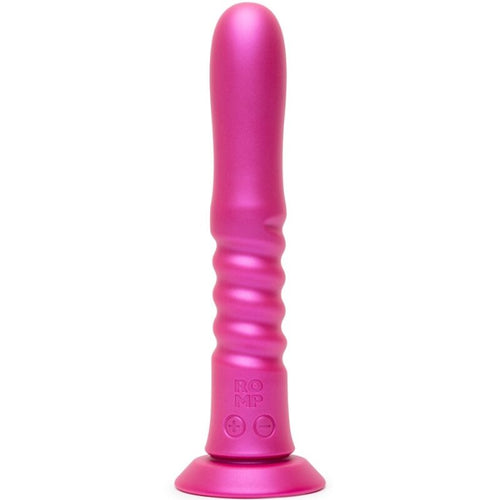 Vibromasseur a ventouse ROMP rose fuchsia en silicone, corps annele a mouvements de va-et-vient et base ventouse pour un usage interne mains libres.