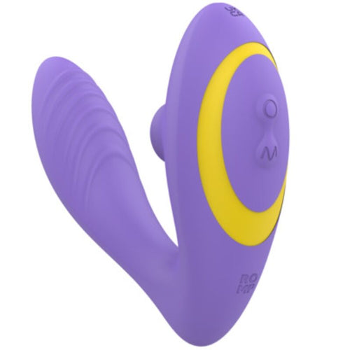 Stimulateur deux-en-un Reverb ROMP en silicone violet et jaune vu de face, pointe bulbeuse point G et tete a succion clitoridienne pour double plaisir.