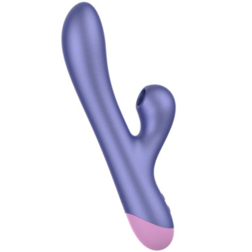 Vibromasseur lapin Reverb ROMP en silicone violet vu de face, tige interne pour le point G et oreilles clitoridiennes, double stimulation rechargeable.