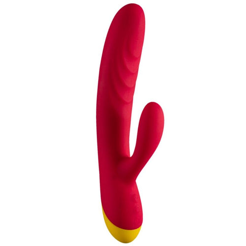 Vibromasseur lapin ROMP rouge en silicone, vue de face avec double branche clitoris et point G, embout jaune, design fantaisie rechargeable a double stimulation.
