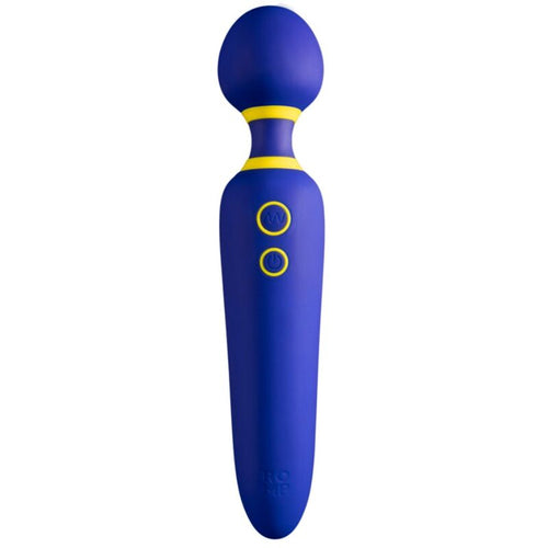 Wand vibrant ROMP en silicone bleu nuit, vue verticale : grosse tete spherique souple, anneaux jaunes et deux boutons de commande, baguette de massage pour une stimulation externe enveloppante.