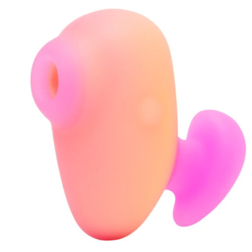 Stimulateur clitoridien a succion ROMP format doigt, silicone degrade rose et corail, embout d'aspiration et appui souple pour une stimulation sans contact direct.