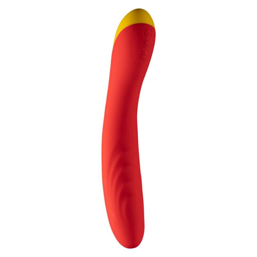 Vibromasseur point G ROMP corail en silicone, tige longue et incurvee a embout jaune, surface lisse pensee pour une stimulation interne precise et soyeuse.