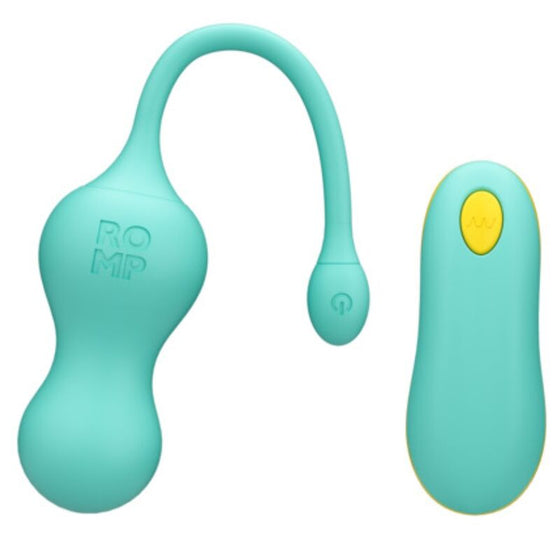 Oeuf vibrant ROMP Cello en silicone vert d'eau a deux renflements, pose a cote de sa telecommande sans fil ovale a bouton jaune : ensemble pour une stimulation interne pilotee a distance.