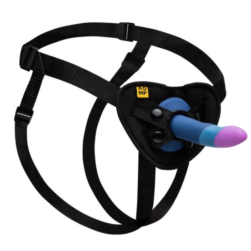 Harnais ajustable Romp Piccolo avec gode tricolore en silicone pour kit pegging débutant