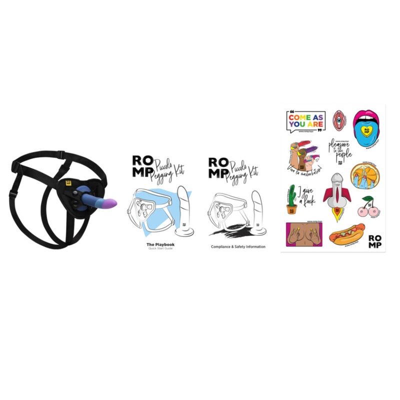 Contenu du kit Romp Piccolo avec harnais gode livret et stickers