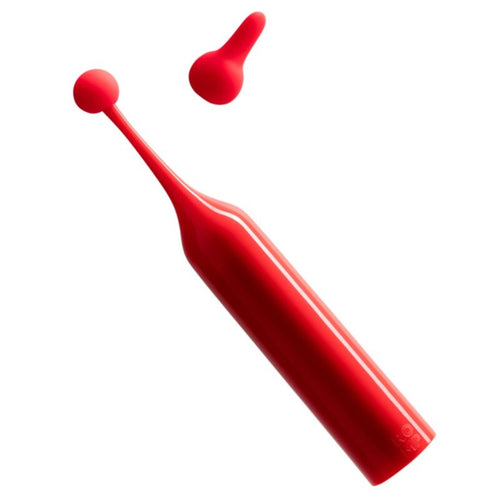 Stimulateur clitoridien Pop ROMP en silicone rouge, vu de face avec son embout amovible detache, design effile haute frequence pour une stimulation externe precise.