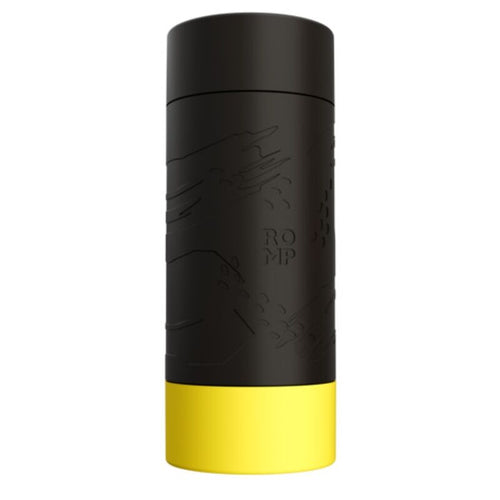 Masturbateur ROMP Dash en etui cylindrique noir texture a base jaune, vue verticale : boitier discret type gourde renfermant la gaine interne en TPE souple pour une sensation realiste.