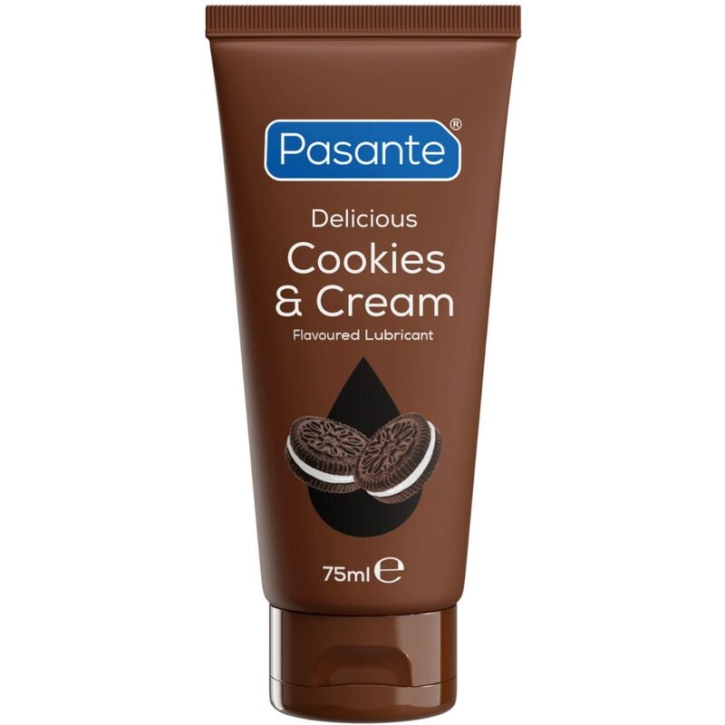 Tube marron du lubrifiant Pasante Cookies & Cream, vu de face, 75 ml