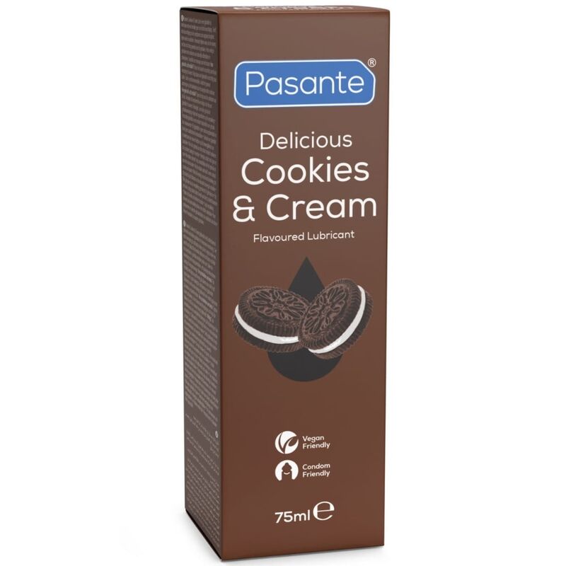 Boîte marron du lubrifiant Pasante Cookies & Cream vue de trois quarts, 75 ml