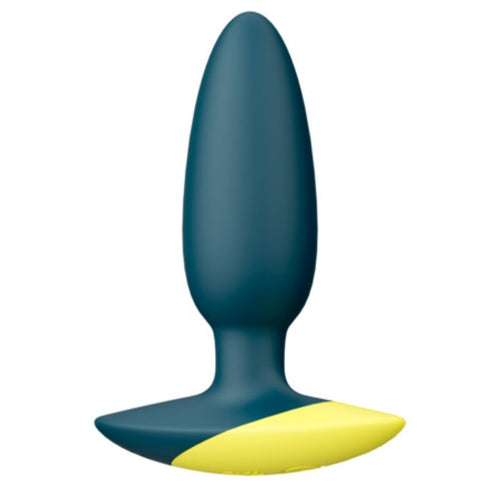 Plug anal vibrant en silicone bleu petrole, deuxieme angle leger trois-quarts : silhouette conique unisexe et base jaune stable, moteur de vibration energique sur un format discret de 10 cm.