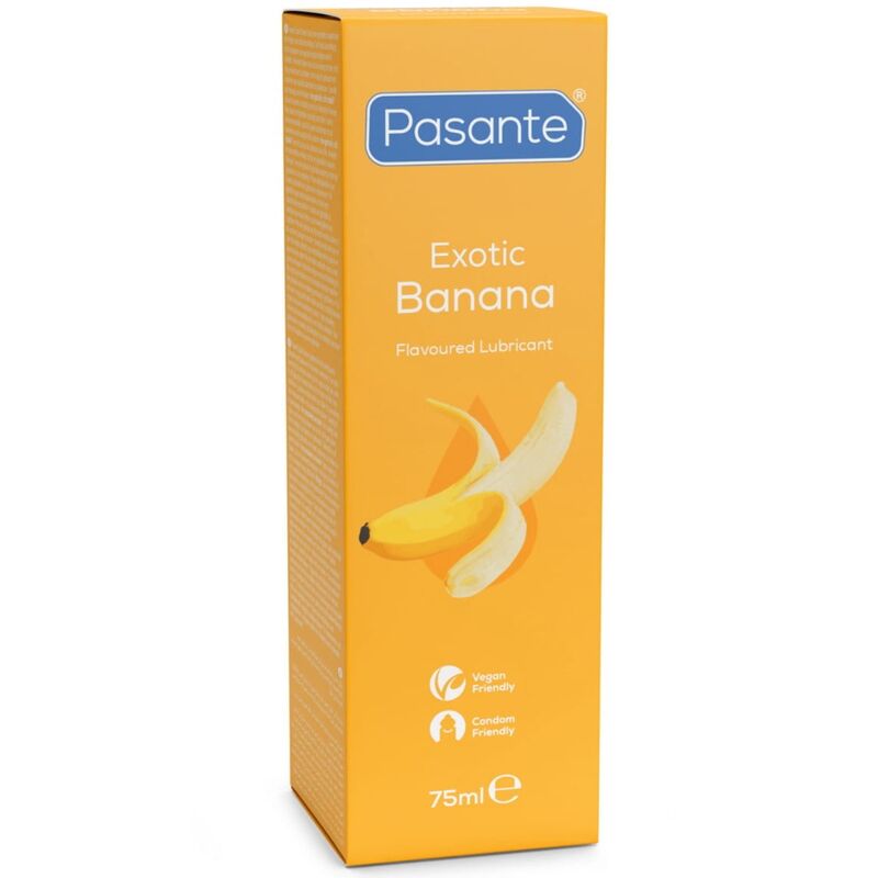 Boîte jaune du lubrifiant Pasante Exotic Banana vue de trois quarts, 75 ml