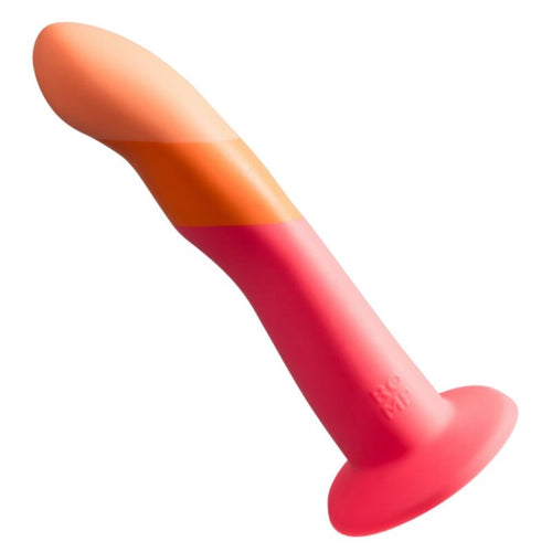 Gode ROMP Dizz en silicone non realiste, degrade orange et corail courbe sur base ventouse : design colore arrondi sans veines ni gland, pense pour stimuler les points G et P.
