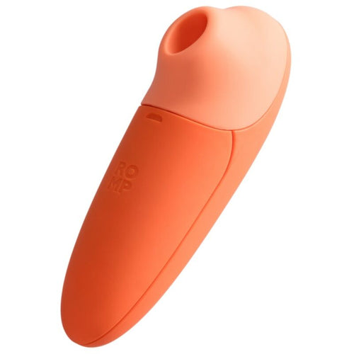 Stimulateur clitoridien par succion Switch X ROMP en silicone corail, vue de profil montrant l embout d aspiration articule et le corps ergonomique compact