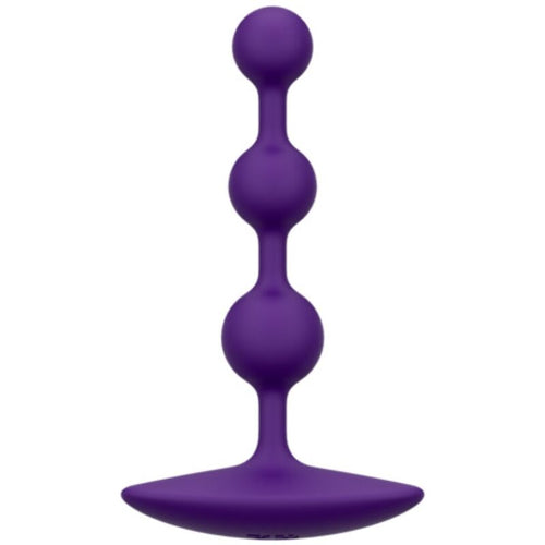 Chapelet anal ROMP en silicone violet, vue de face : trois perles de diametre progressif sur une tige souple et base evasee en forme de fleur anti-perte, surface soyeuse facile a nettoyer.