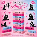 Visuel promotionnel du jeu La Torre del Amor (version espagnole), tour de blocs roses et bleus avec silhouettes de couples et textes de gages