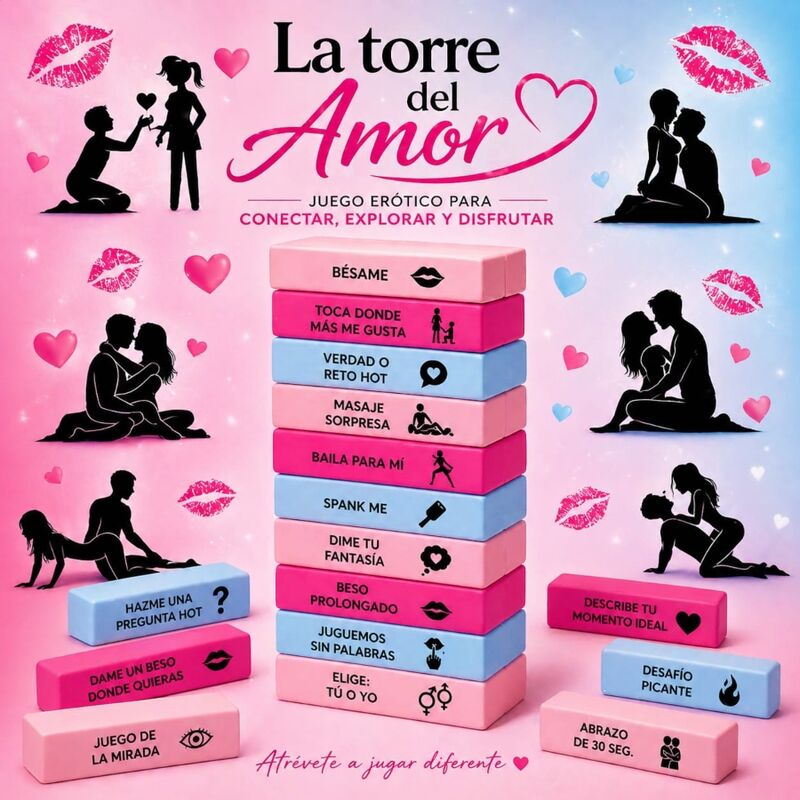 Visuel promotionnel du jeu La Torre del Amor (version espagnole), tour de blocs roses et bleus avec silhouettes de couples et textes de gages