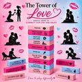 Visuel promotionnel du jeu The Tower of Love (version anglaise), tour de blocs roses et bleus avec silhouettes de couples et textes de gages