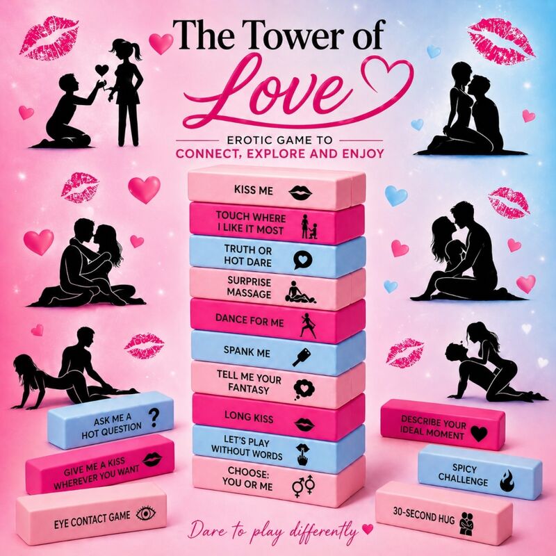 Visuel promotionnel du jeu The Tower of Love (version anglaise), tour de blocs roses et bleus avec silhouettes de couples et textes de gages