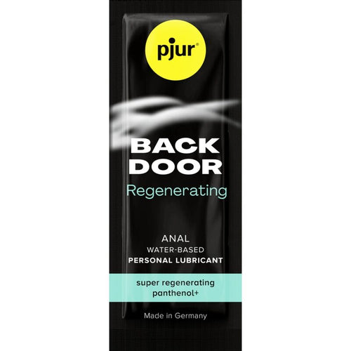 Sachet Pjur Back Door Regenerating, lubrifiant anal base eau au panthenol regenerant, glisse longue duree apaisante, dose decouverte fabriquee en Allemagne.