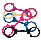 Menottes en silicone Diablo Picante, cinq coloris entrecroisés (blanc, noir, bleu, rose, violet), vue d'ensemble
