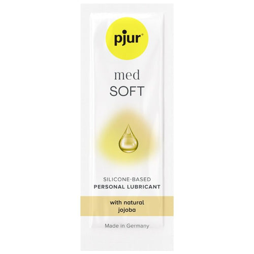 Sachet Pjur Med Soft, lubrifiant base silicone au jojoba naturel pour muqueuses sensibles, glisse concentree longue duree, dose decouverte fabriquee en Allemagne.