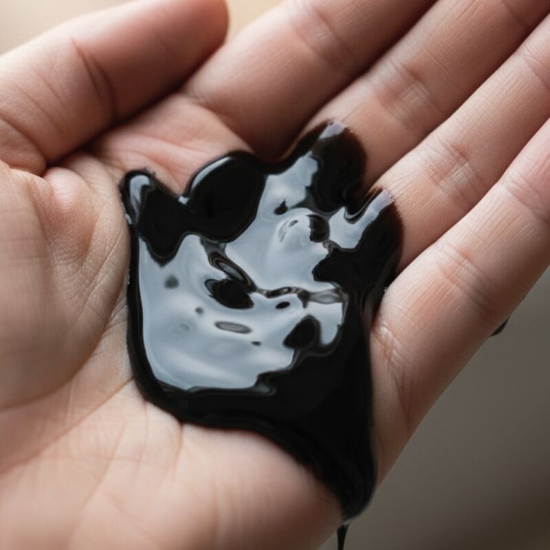Gel noir Black Touch versé en flaque dans une paume de main, texture lisse et brillante