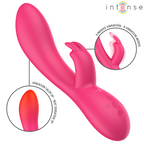 Stimulateur Tammy rose fuchsia, vue de profil avec zooms sur l'embout chauffant a 39 degres et les oreilles vibrantes