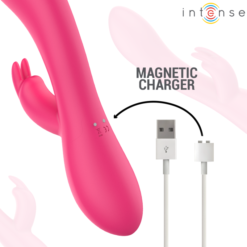 Detail du chargeur magnetique du Tammy avec cable USB, points de contact visibles sur le corps rose