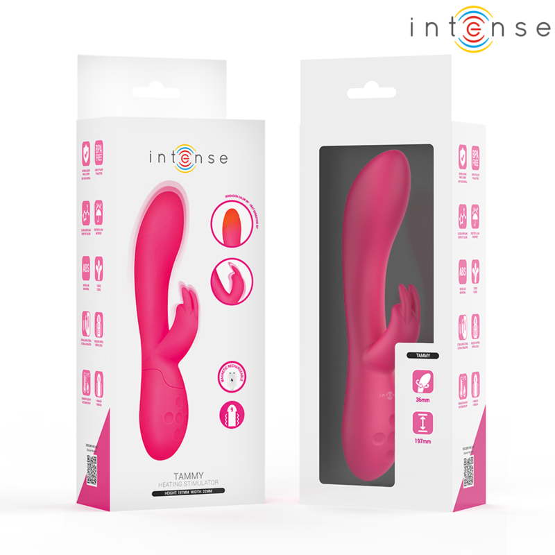 Emballage Tammy Intense recto et verso, fenetre decoupee laissant voir le stimulateur rose et ses dimensions 36/197 mm