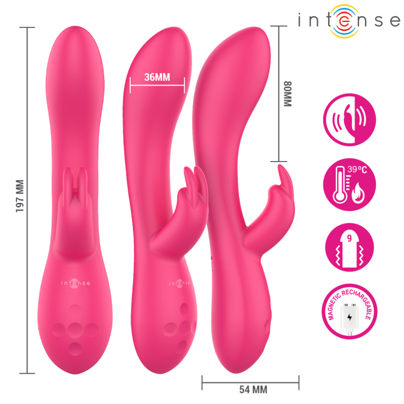 Comparatif de trois positions du Tammy avec cotes 197 x 36 mm et 80 x 54 mm, pictogrammes vibration/chaleur 39 degres/9 modes/recharge magnetique
