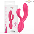 Emballage blanc du Charly Intense avec vue du stimulateur fourchu rose fuchsia, pictogrammes des caracteristiques et mention 197mm/22mm