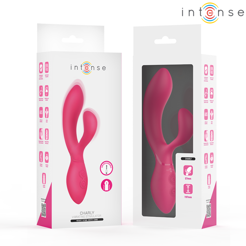 Emballage Charly Intense recto et verso, fenetre decoupee laissant voir le stimulateur et ses dimensions 57/197 mm