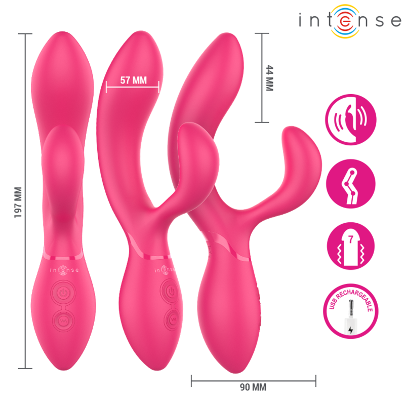 Trois vues du Charly montrant les cotes 197 x 57 mm et l'ecartement des branches de 44 x 90 mm, pictogrammes vibration/articulation/7 modes/USB