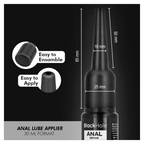 Applicateur de lubrifiant anal taille S — schéma des dimensions (85 mm de hauteur, embout de 16 mm) avec inserts assemblage et application