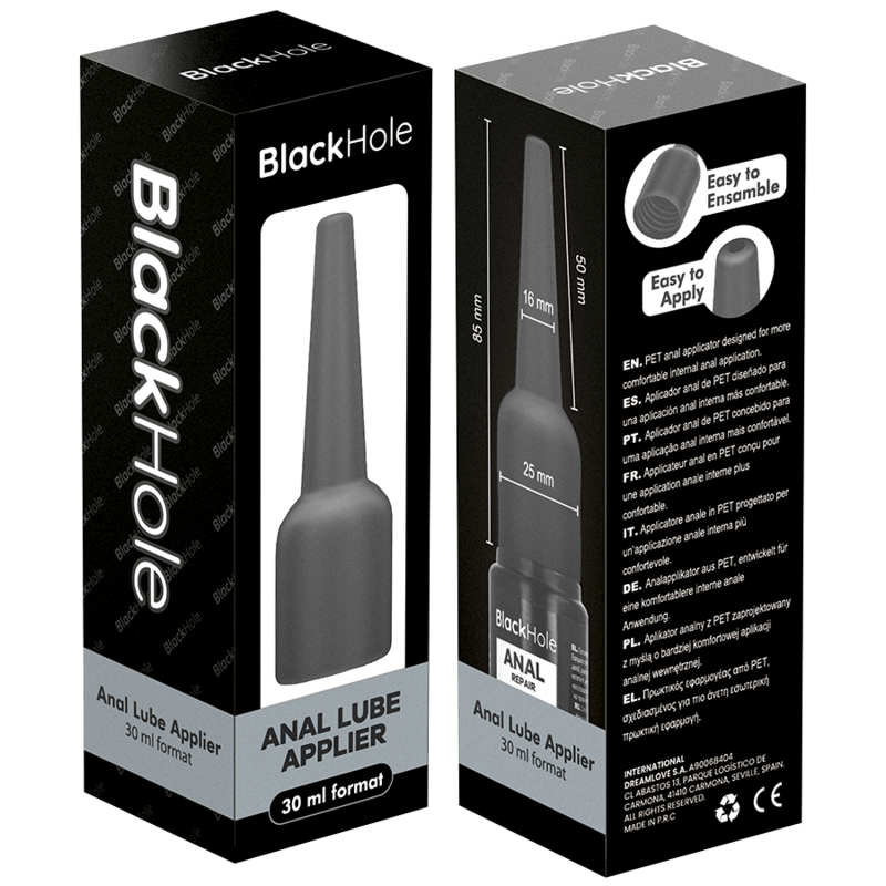 Applicateur de lubrifiant anal taille S — packaging recto-verso avec schéma des dimensions et notice multilingue