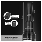 Applicateur de lubrifiant anal taille L — schéma des dimensions (82 mm de hauteur, embout de 17 mm) avec inserts assemblage et application