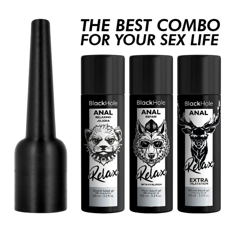 Applicateur de lubrifiant anal taille L — mis en scène avec trois gels anaux BlackHole de la gamme Relax