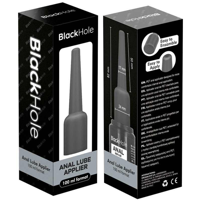 Applicateur de lubrifiant anal taille L — packaging recto-verso avec schéma des dimensions et notice multilingue