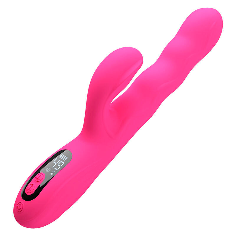 Vibrateur lapin Winters rose fuchsia vu en diagonale, silhouette ondulée et oreille stimulatrice
