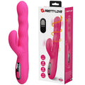 Emballage du Pretty Love Winters avec le vibrateur rose fuchsia à côté, mesures 33 mm et 252 mm imprimées sur la tranche
