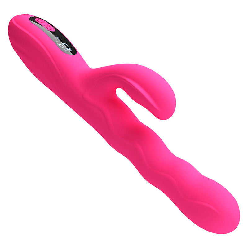 Vibrateur lapin Winters rose fuchsia vu de face, écran de commande LED affichant le niveau 49