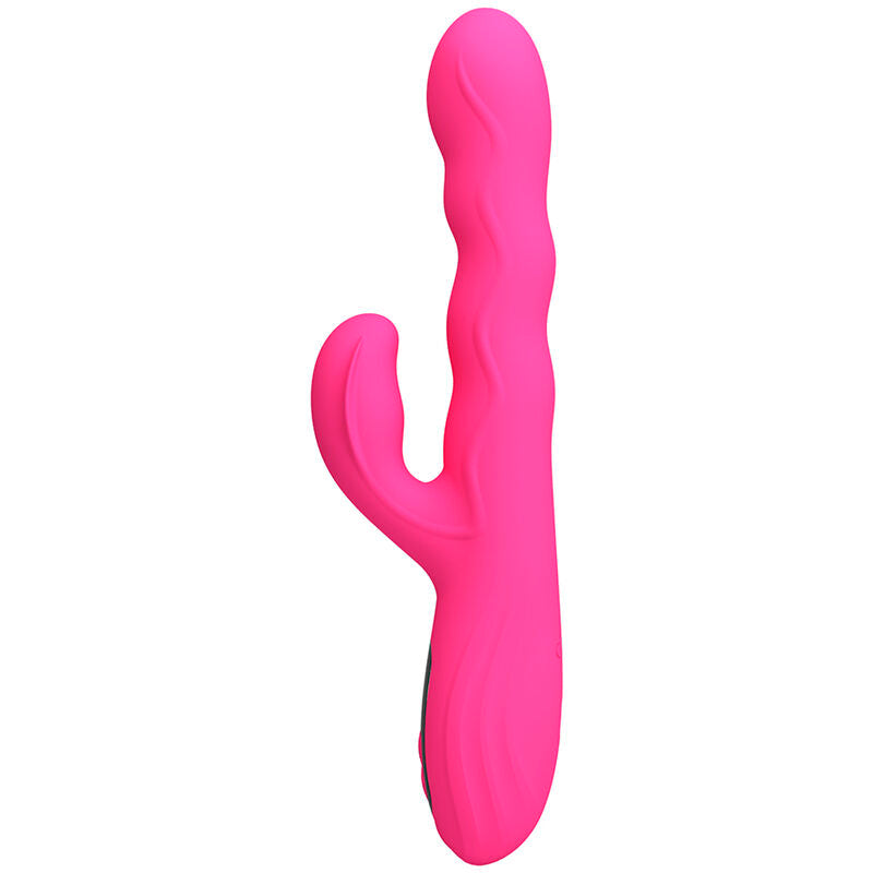 Vibrateur lapin Winters rose fuchsia vu de dessus en légère plongée, oreille stimulatrice et écran visibles