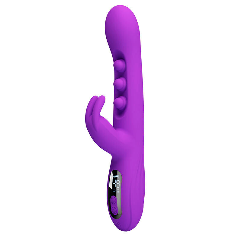 Vibrateur lapin Sabien violet vu de face, silhouette debout avec trois plots de tapotement sur la tige