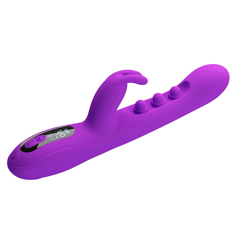 Vibrateur lapin Sabien violet vu en diagonale, écran de commande et plots de tapotement visibles