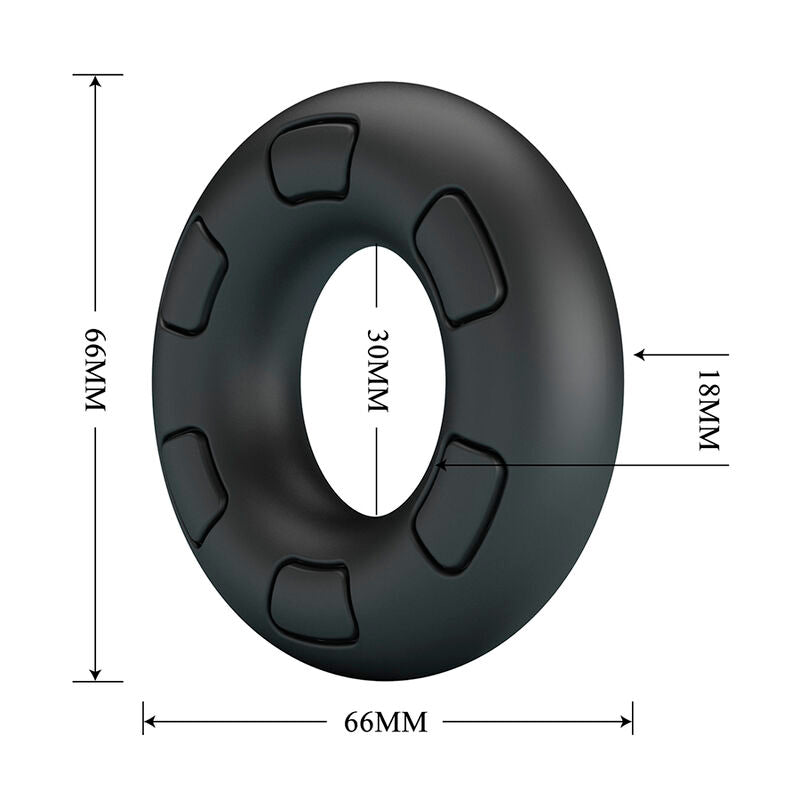 Anneau pénien Bertram avec schéma des dimensions : 66 mm de diamètre extérieur, 30 mm de diamètre intérieur, 18 mm de largeur