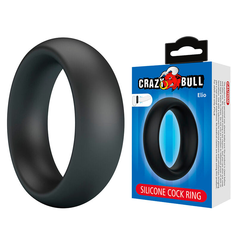 Anneau pénien Elio noir posé à côté de son emballage Crazy Bull Elio Silicone Cock Ring
