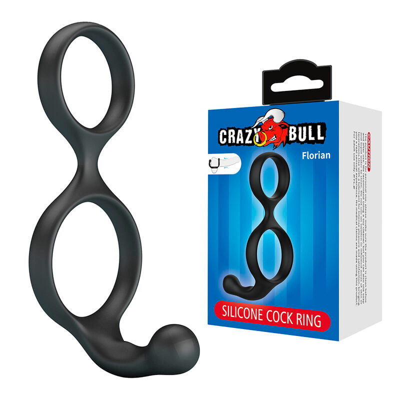Anneau double Florian noir posé à côté de son emballage Crazy Bull Florian Silicone Cock Ring