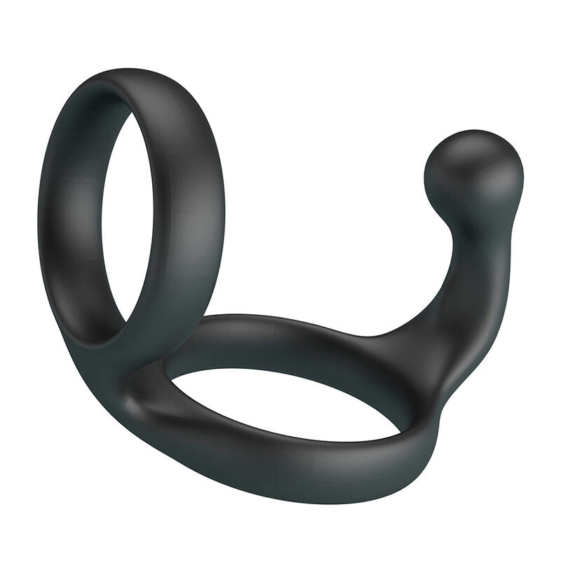 Anneau double Florian noir vu de trois-quarts, avec petite bille de stimulation périnéale à droite